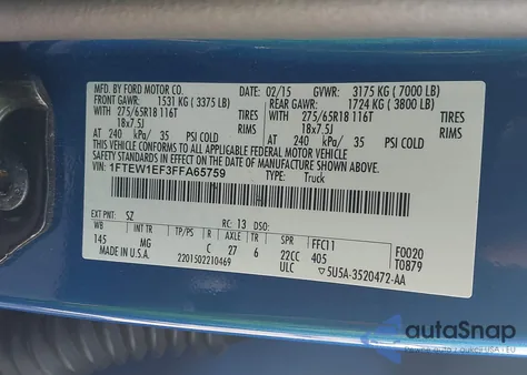 2015 Ford F150 Supercrew from USA, damaged, VIN 1FTEW1EF3FFA65759